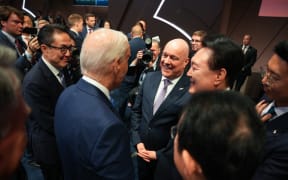 NZ Prime Minister Christopher Luxon with various world leaders at NATO conference in Washington DC in July 2024. World leaders pictures include US President Joe Biden and Ukraine President Volodymyr Zelensky.