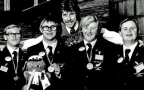 Colin Bailey, Brent Busby, Peter Spijkerman and Gordon Llewellyn with Rod Dixon at the 1983 Summer Special Olympics in America.