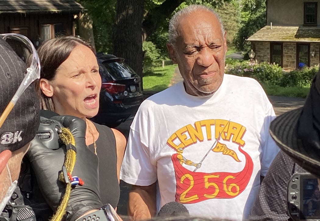 Bill Cosby with attorney Jennifer Bonjean outside the actor's home in Pennsylvania after he was released from prison on 30 June 2021.