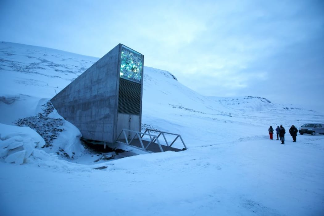 The entrance of the international gene bank Svalbard Global Seed Vault (SGSV), outside Longyearbyen on Spitsbergen, Norway.