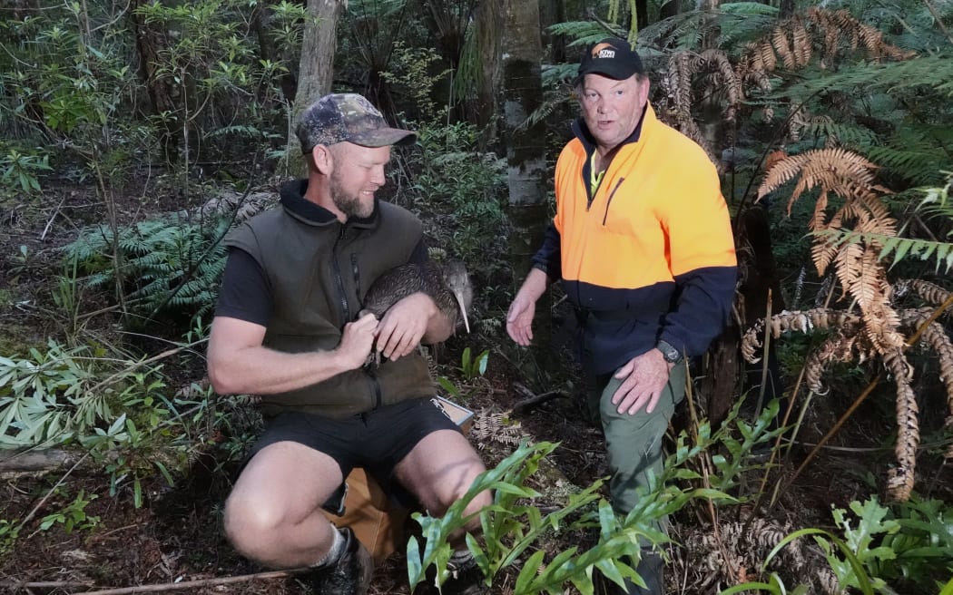 Bay Bush Action co-founder Brad Windust with accredited kiwi handler Todd Hamilton and a kiwi named Te Puke