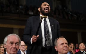 US Representative Al Green (D-TX) shouts out as US President Donald Trump speaks during an address to a joint session of Congress at the US Capitol in Washington, DC, on March 4, 2025. (Photo by Win McNamee / AFP)