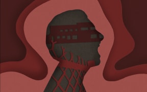 Cut paper silhouette of person screaming, hospital and chain fence