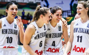 The Tall Ferns celebrate their win over Chinese Taipei.
