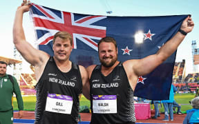 Silver medalist Jacko Gill of New Zealand and Gold medalist Tom Walsh of New Zealand celebrate after the Men's Shot Put Final at Alexander Stadium, Birmingham, England on Friday 5 August 2022.
Birmingham 2022 Commonwealth Games.
© Photo: Andrew Cornaga / www.photosport.nz