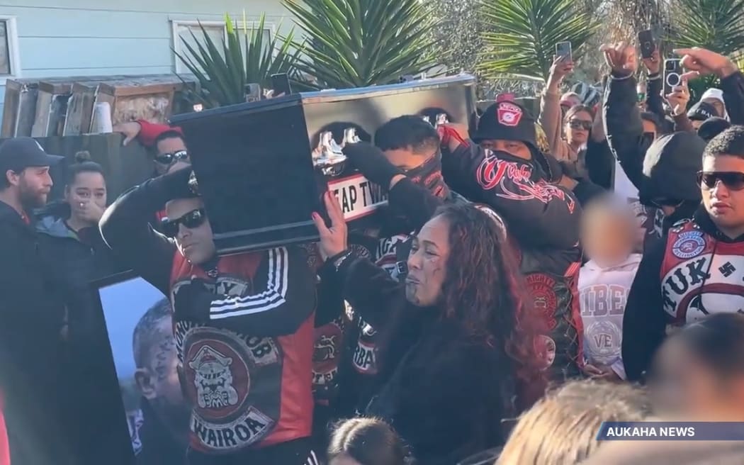 Members of the Mongrel Mob Barbarians gathered at Hillcrest Cemetery between Ōhope and Whakatāne to farewell their leader Steven Rota Taiatini on 14 June, 2023.