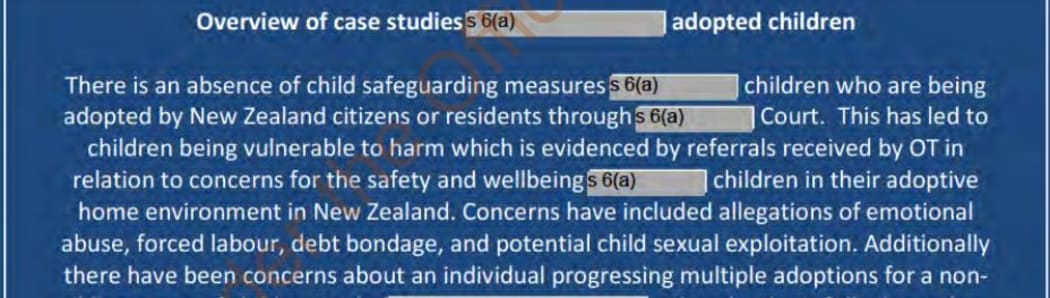 Documents released to RNZ had nationalities removed. "The scale of harm inflicted [redacted] adoptees has highly likely remained unchanged during the Covid-19 pandemic", according to this May 2021 Intelligence report.