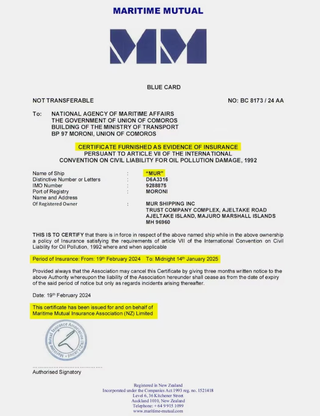 A Maritime Mutual certificate showing evidence of insurance for the oil tanker Yug, under its former name Mur, dated February 19, 2024.