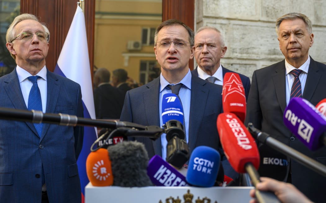 Russia's delegation head and advisor to Putin, Vladimir Medinsky, flanked by Deputy Foreign Minister Mikhail Galuzin (L) and head of Russia military intelligence (GRU) Igor Kostyukov (R), speaks to press ahead of a planned meeting between Ukrainian, American and Russian delegates in istanbul on May 15, 2025. Moscow sees talks with Kyiv as a "continuation" of failed negotiations in 2022 at the start of its invasion, Russia's delegation head Vladimir Medinsky said, insisting the Kremlin's team had "necessary competencies" for the the negotiations. (Photo by Yasin AKGUL / AFP)