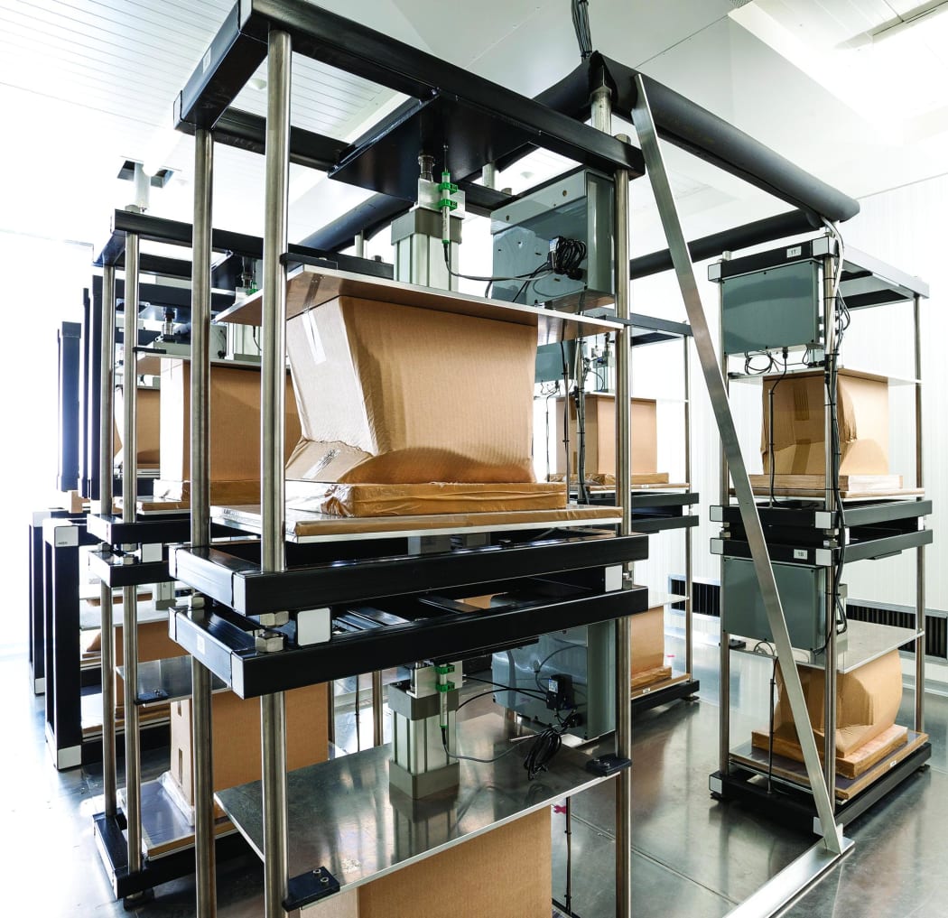 Cardboard boxes being tested in the WHITE room at Scion, which mimics conditions in a commercial cool store.,