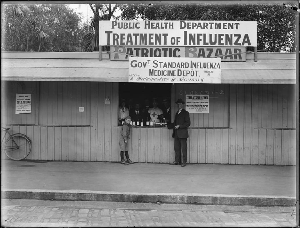 An influenza medicine depot in Christchurch for "poor" people. Taken by an unknown photographer 4 December 1918.