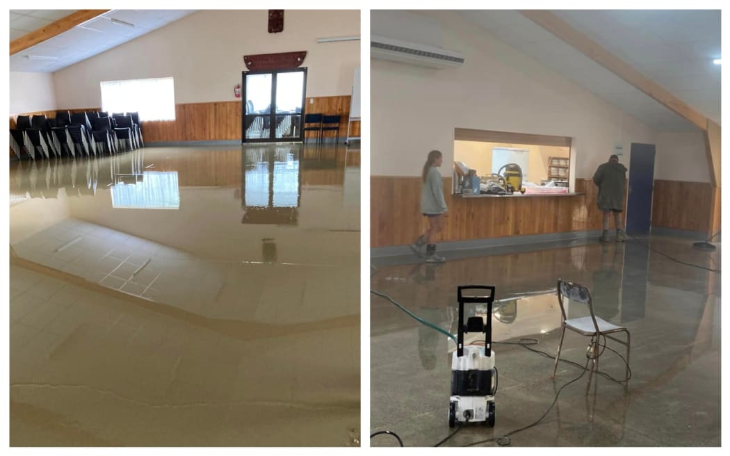 On the left the dining hall is flooded and on the right after the cleanup has begun