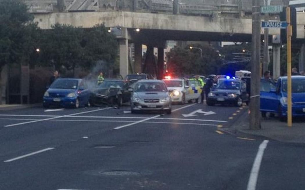 Nobody was injured when the stolen car crashed into several cars stopped at a Wellington intersection.