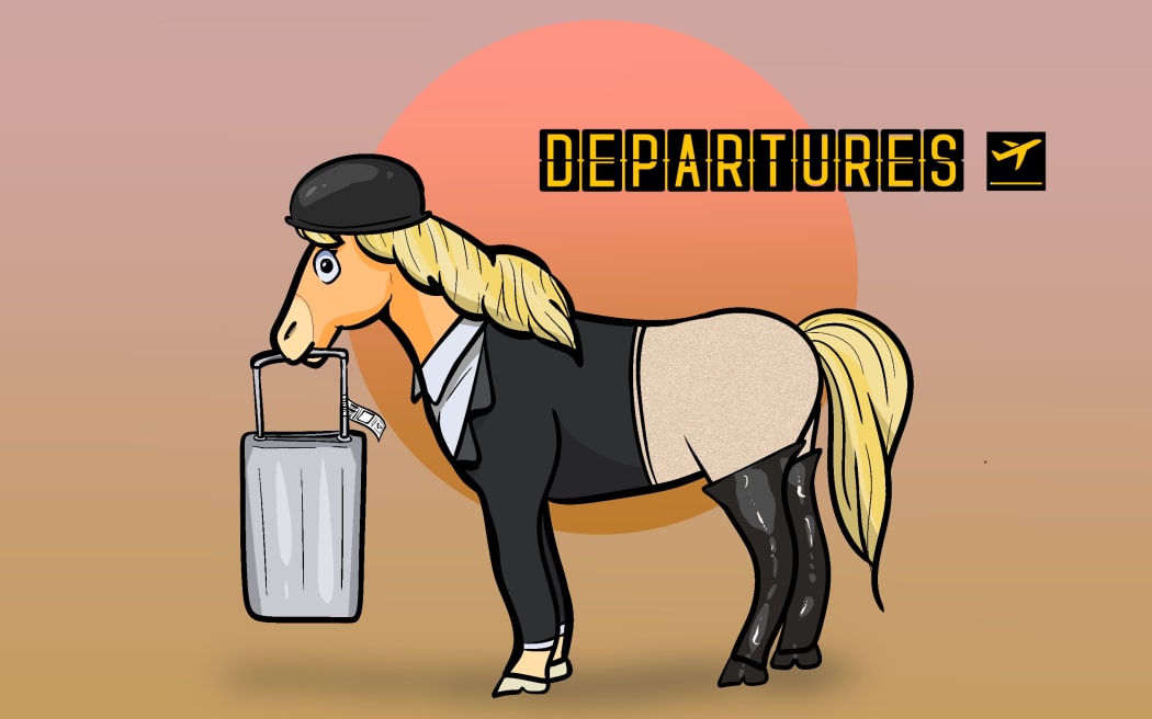 An artist's rendition of a horse flying first class to the 2024 Paris Olympics. Meet Peneighlopy.