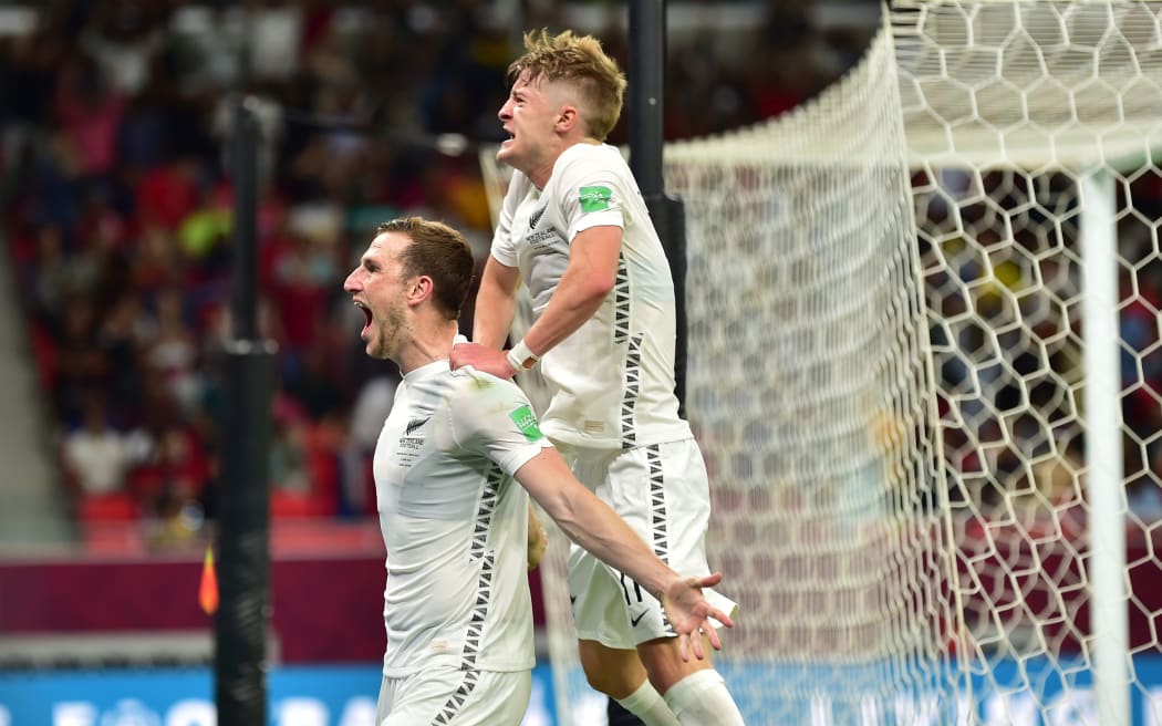 Chris Wood celebrates with Alex Greive a goal which was later disallowed during New Zealand All Whites v Costa Rica, FIFA World Cup 2022 play-off match, Qatar, 2022.