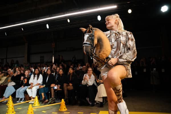 Hobby horsing champion Ada Filppa at Karen Walker's New Zealand Fashion Week show.