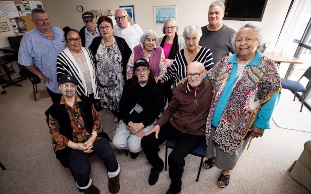 Residents say a wild night for them ends at 8.30pm and can't understand why their drinks are being shut down. Pictured from front first and with first names only: Noreen, Barry, Bill and Betty. Second row: Lilly, Lisa, Kathleen, Sybil. Back row: Greg, Bob, Mark, Carol and George. Photo / Dean Purcell