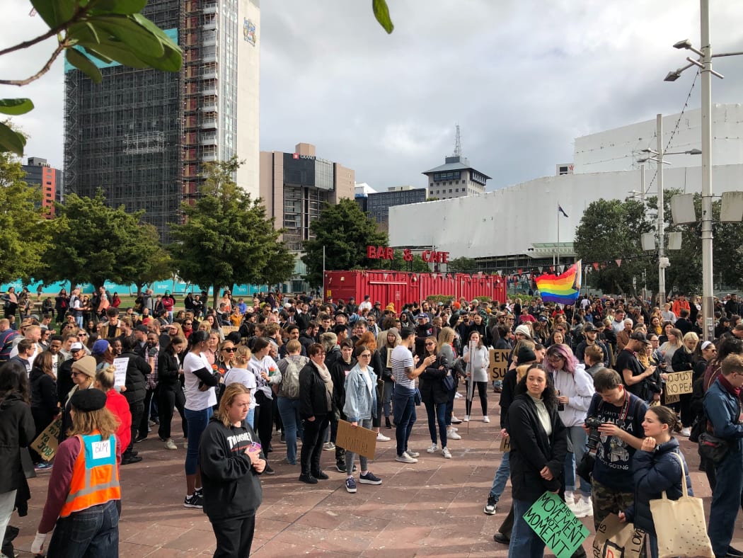 Protesters wait for the start of the Black Lives Matter rally in Aotea Square in Auckland.