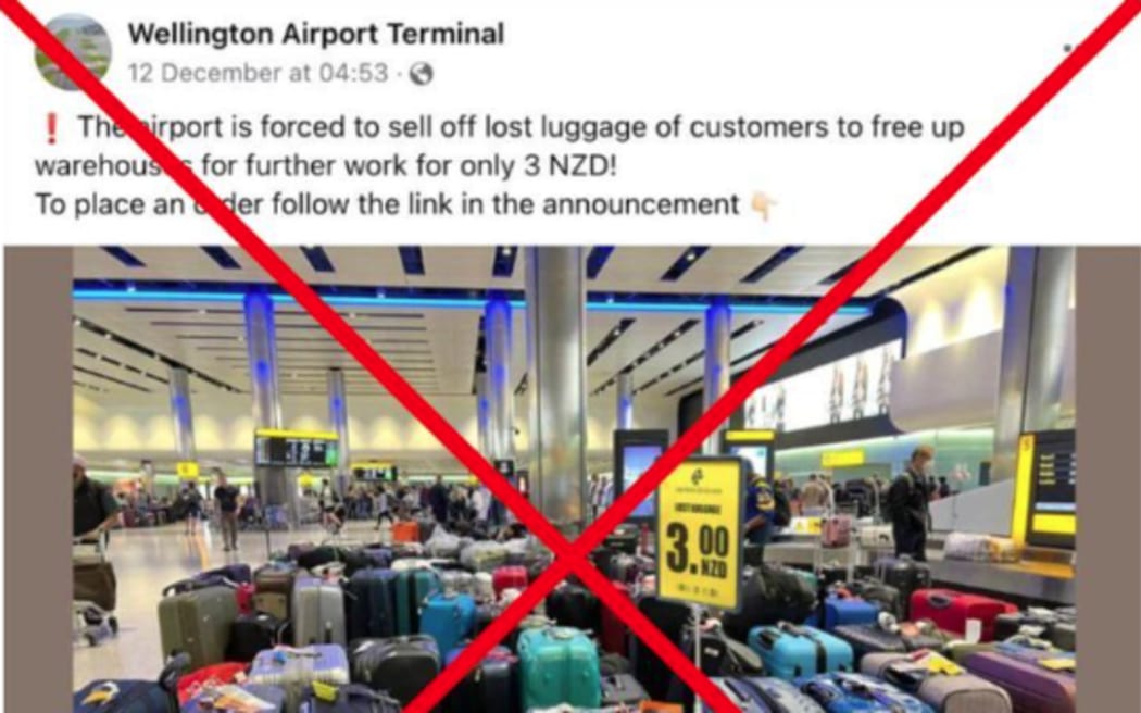 An image of Wellington Airport terminal scam that was pulled by Facebook, it was sourced from AAP Factcheck so has a large X through it after it was revealed to be fake.