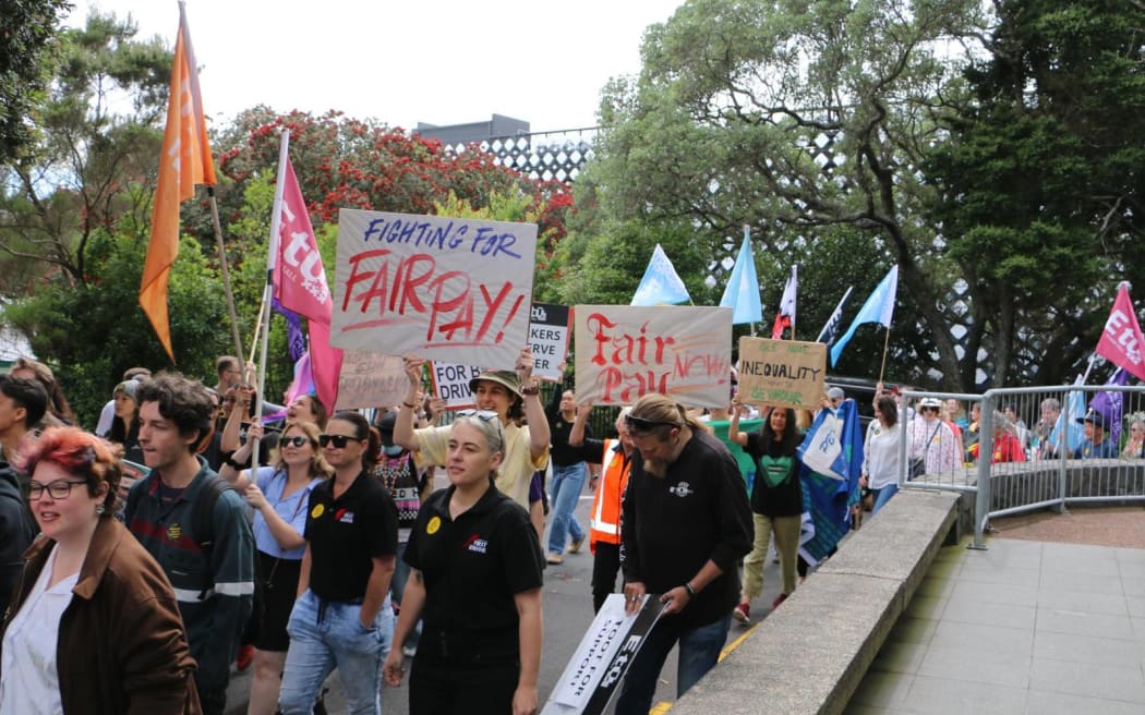 Protesters against changes to Fair Pay Agreements in Auckland, 11 December 2023.