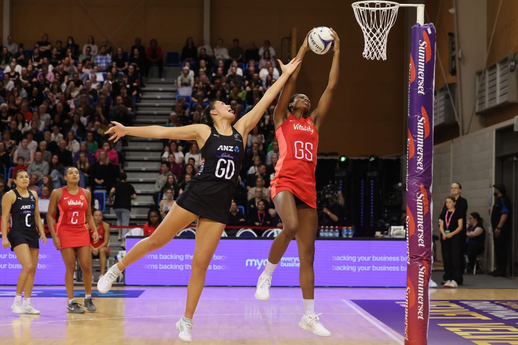 Silver Ferns Parris Mason  with England Liv Tchine during game 2 of the Taini Jamison Trophy