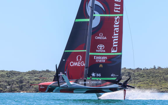 Team NZ trialling their new America's Cup boat Te Rehutai on the Waitemata Harbour, 2020.
