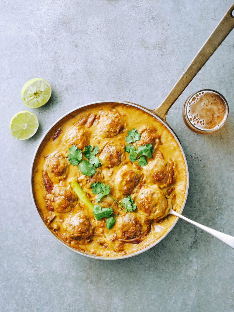 A pan of Chicken Satay Meatballs from Dish magazine Fast Two.