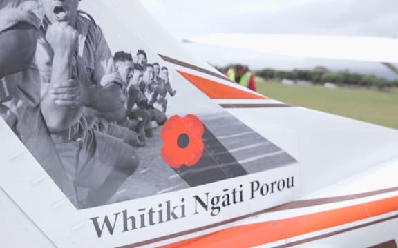 Chris Hoffman's Cessna displaying the names of Māori Battalion soldiers.