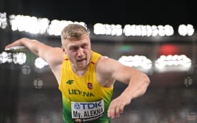 Lithuania's Mykolas Alekna competing at the World Athletics Championships in Budapest in 2023.  He won a bronze medal.