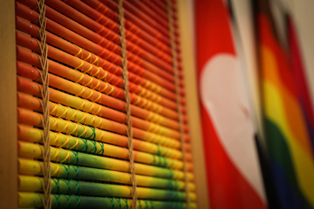 Mana Takatapui 2012 by Elizabeth Kerekere hangs in the center of the wall in the newly refurbished Rainbow Room at Parliament.