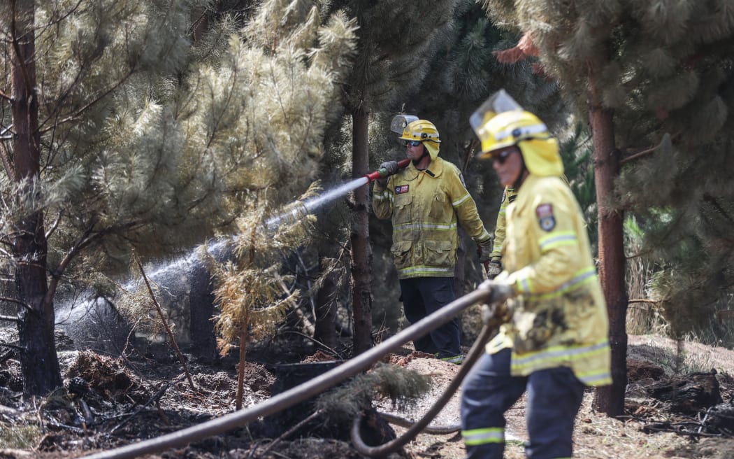 170224 CHRIS SKELTON / POOL
Firefighters continue their efforts on Saturday as they work to dampen down remaining hot spots and create a buffer zone around the 24km perimeter fire ground in Christchurch's Port Hills. Pictured Rural firefighter Aaron Kinnane (City Care firefighter)