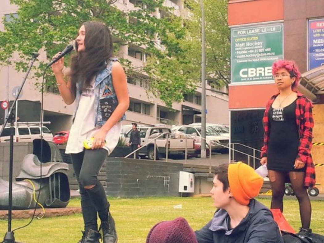 Kiran Foster (right) at a No Pride in Prisons rally.