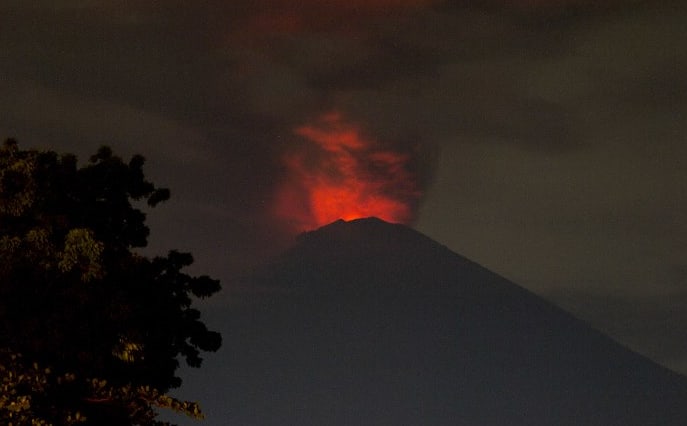 Mount Agung volcano erupting.
