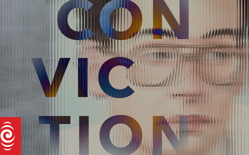 An illustrated portrait of Peter Ellis that looks distorted by glass. A bold 'CONVICTION' sits on top.