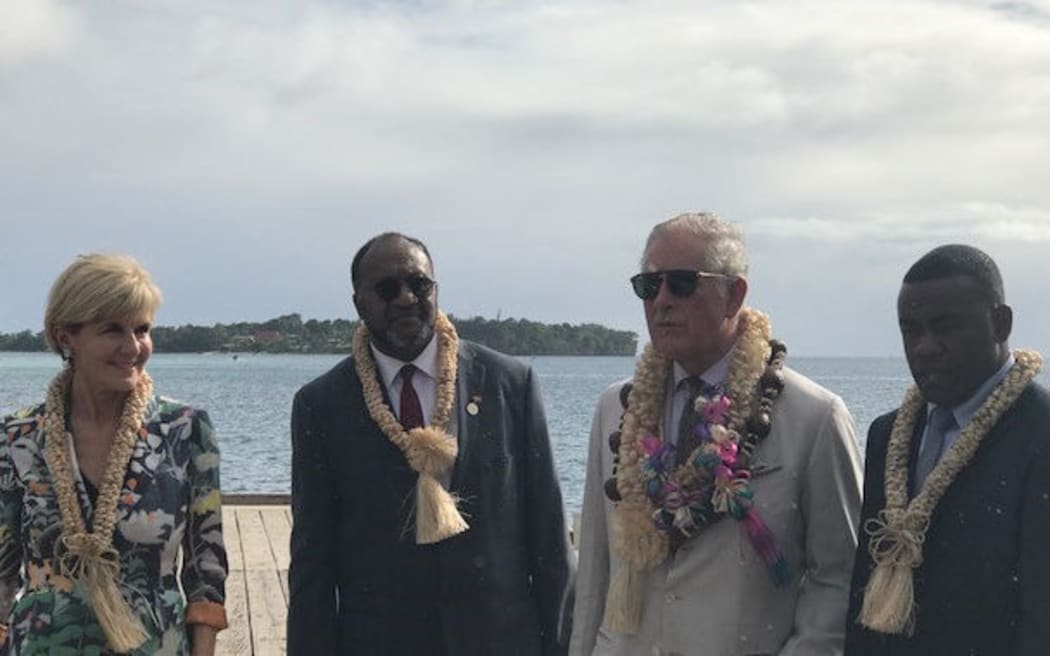 Australian Foreign Minister Julie Bishop, Vanuatu Prime Minister Charlot Salwai Tabimasmas, Prince Charles, and Vanuatu Acting Foreign Minister Alfred Maoh.