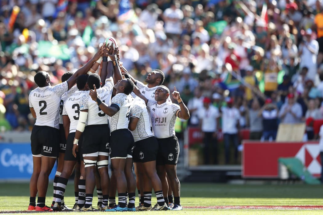 Fiji huddle before their semi final against South Africa.