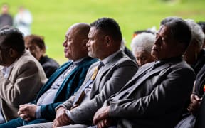 Te Matatini CEO Carl Ross sitting next to Taranaki Iwi CEO Wharehoka Wano at the 2025 Matatini launch