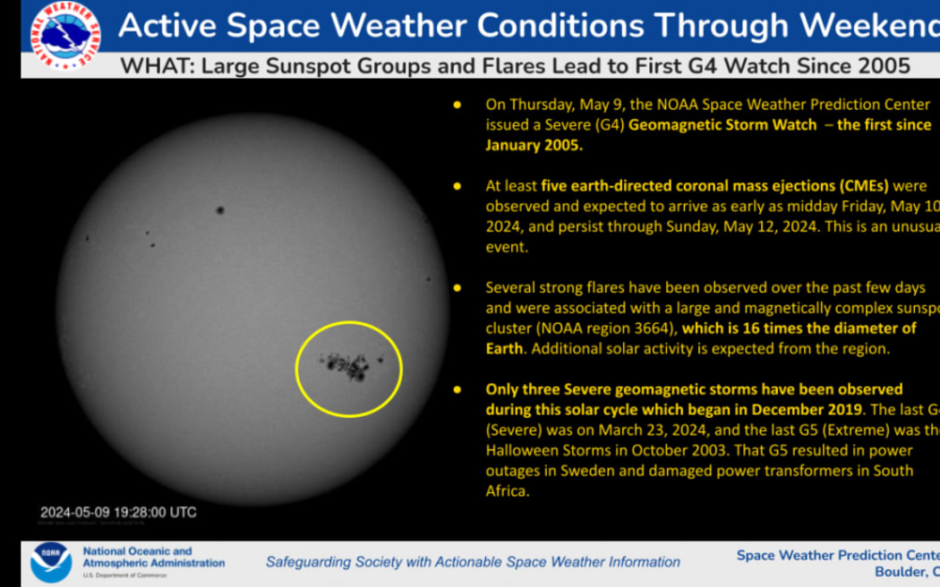 A space weather warning released by the Space Weather Prediction Center at the National Oceanic and Atmosphere Administration.