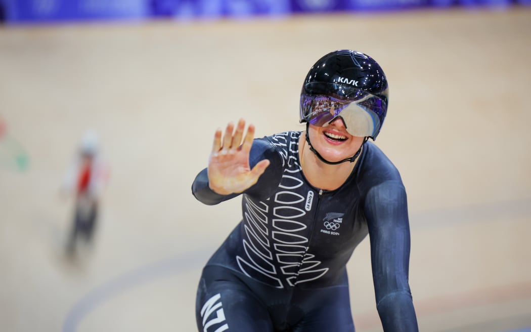 Picture by Ed Sykes/SWpix.com - 04/08/2024 -  Paris 2024 Olympic Games - Track Cycling - National Velodrome, Saint-Quentin-en-Yvelines, France - Women’s Team Sprint First Round - New Zealand: Rebecca Petch, Shaane Fulton, Ellesse Andrews celebrates setting a new world record of 45.348 in the Women’s Team Sprint in the heat after it was set by Germany