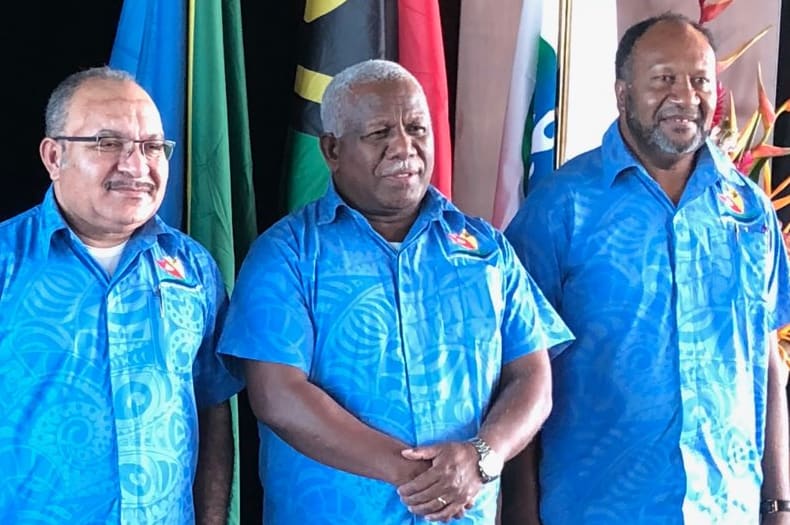 Melanesian Spearhead Group leaders at their 2018 summit: (left to right:) Fiji's Defence Minister Ratu Inoke Kubuabola, Victor Tutugoro of New Caledonia's FLNKS Kanaks Movement, PNG prime minister Peter O'Neill, prime minister of Solomon Islands Rick Hou, and Vanuatu's prime minister Charlot Salwai.