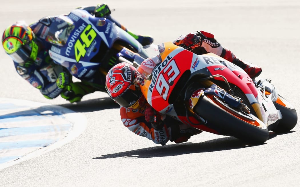 Marc Marquez leads Valentino Rossi  during the 2015 MotoGP of Australia at the Phillip Island Grand Prix