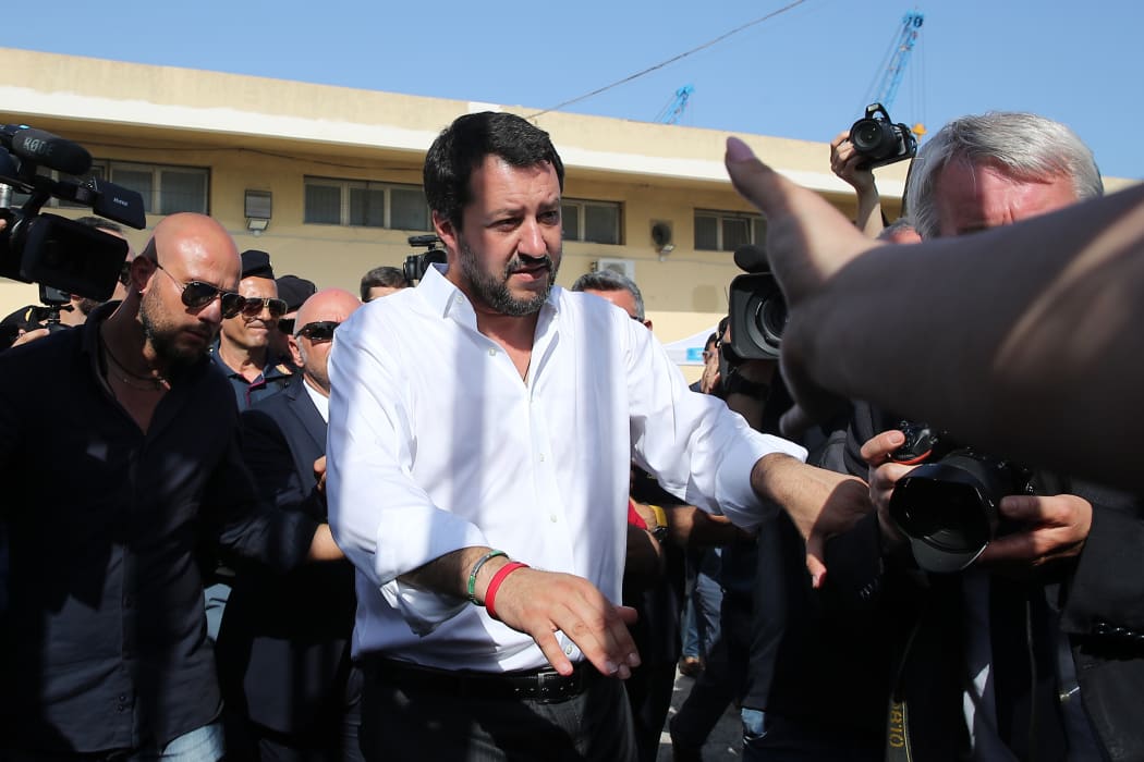 Italy's new hardline interior minister Matteo Salvini arrives at the reception centre (CPSA) in Pozzallo, sicily, on June 3,2018.