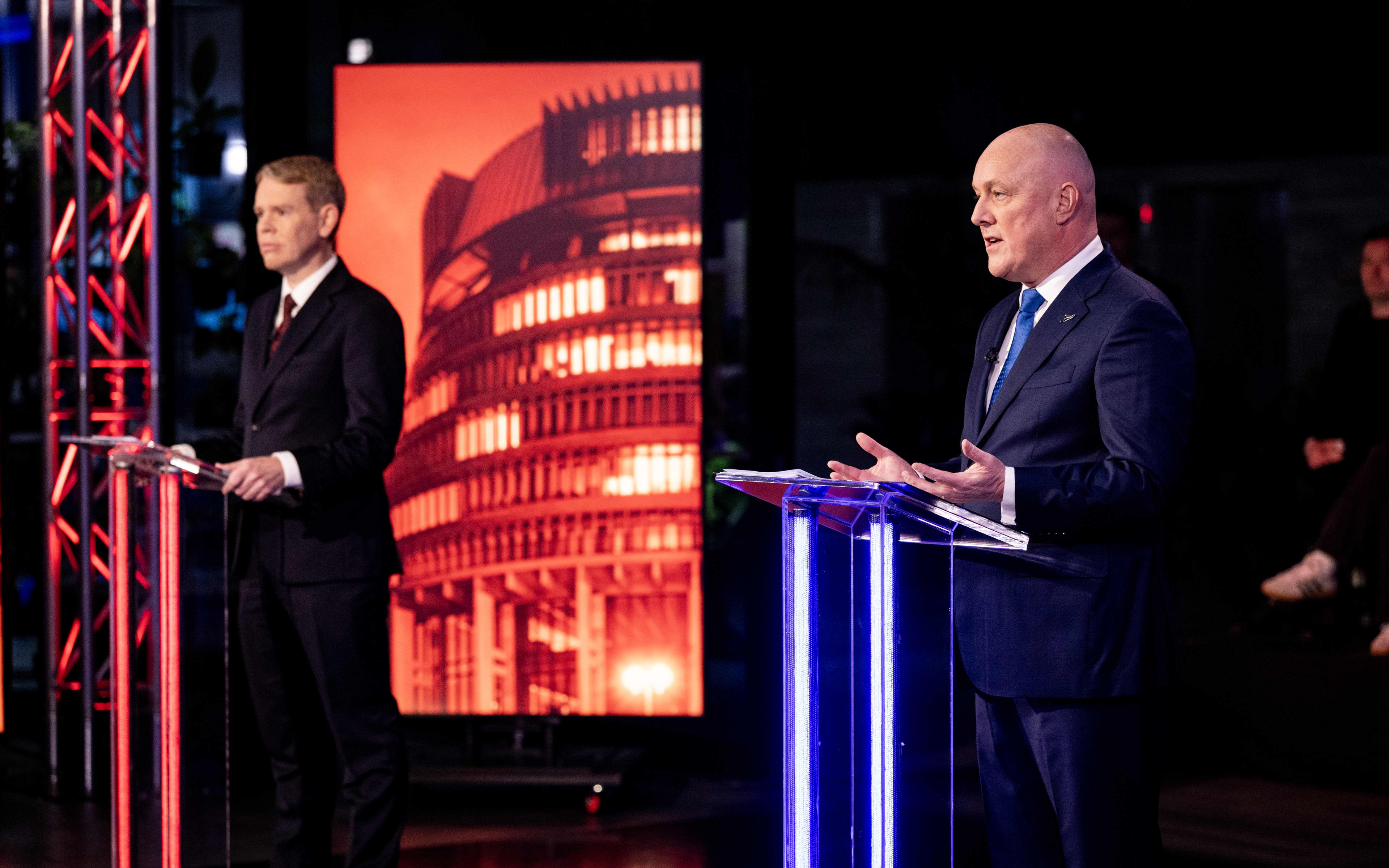 AUCKLAND, NEW ZEALAND - OCTOBER 14: The New Zealand Herald Leaders Debate hosted by Ryan Bridge between National Party Leader Christopher Luxon and Labour Party