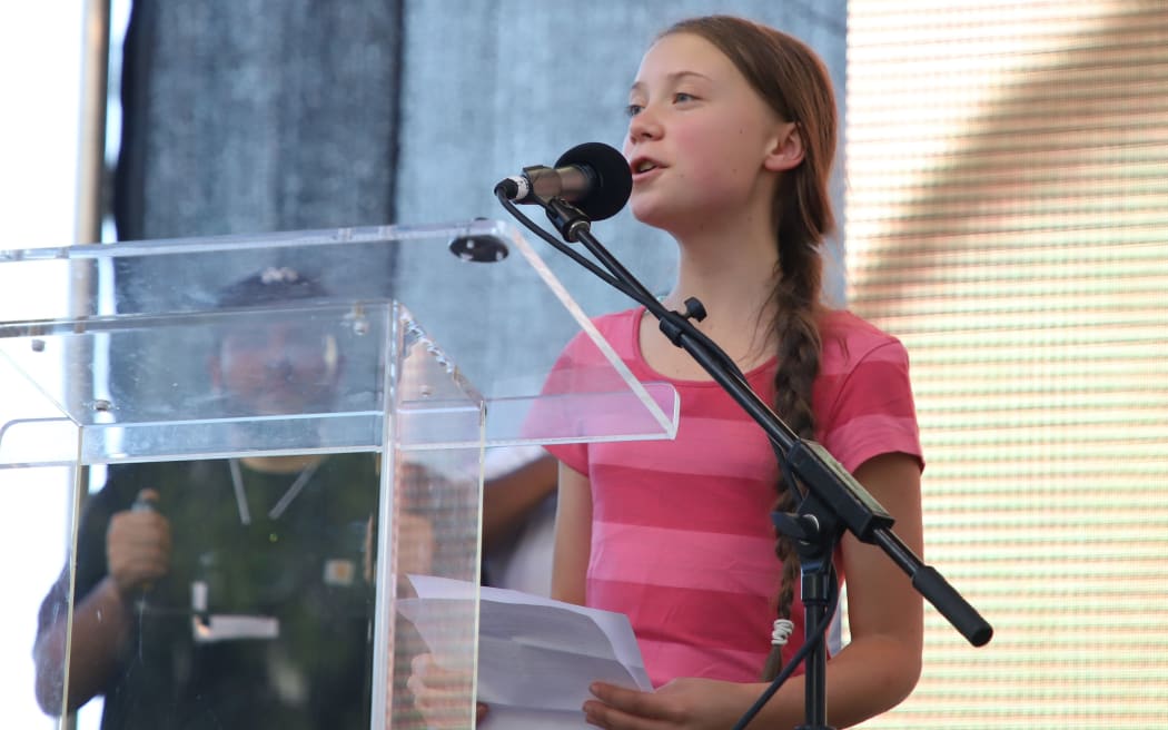 Swedish activist Greta Thunberg speaks during the Global Climate Strike demonstration in New York, US