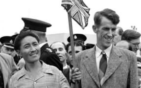 Sherpa Tenzing Norgay and Sir Edmund Hillary arriving in Britain on 3 July 1953 after the Everest expedition.