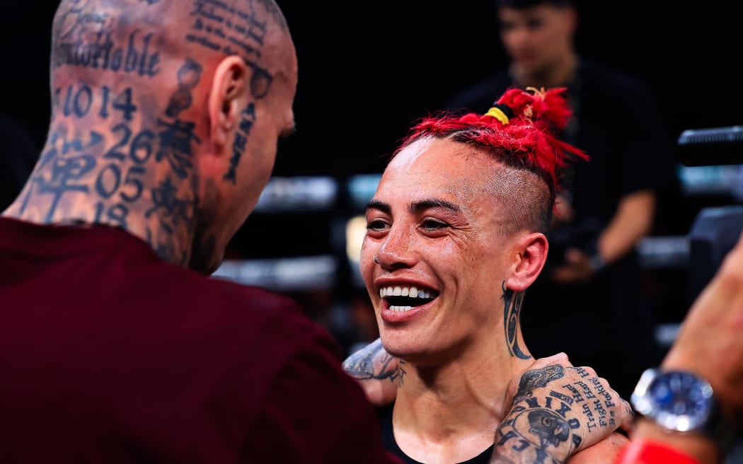 Mea Motu celebrates victory during in the Catchweight fight against Shannon O’Connell.