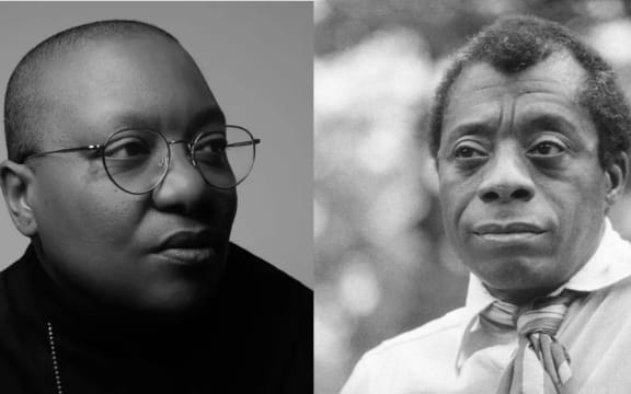 Headshots of Meshell Ndegeocello and James Baldwin