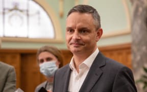 James Shaw speaking to media at Parliament