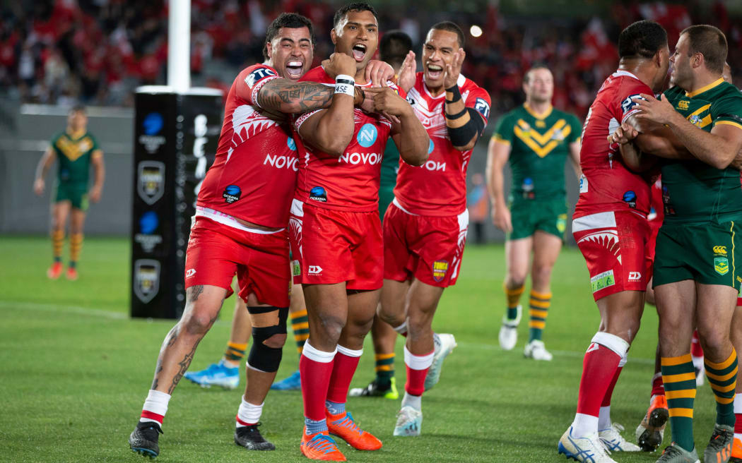 Tonga TEVITA PANGAI celebrates his try, during the rugby league match between the Australian Kangaroos and Tonga Invitational XIII at Eden Park, Auckland. 02 November 2019