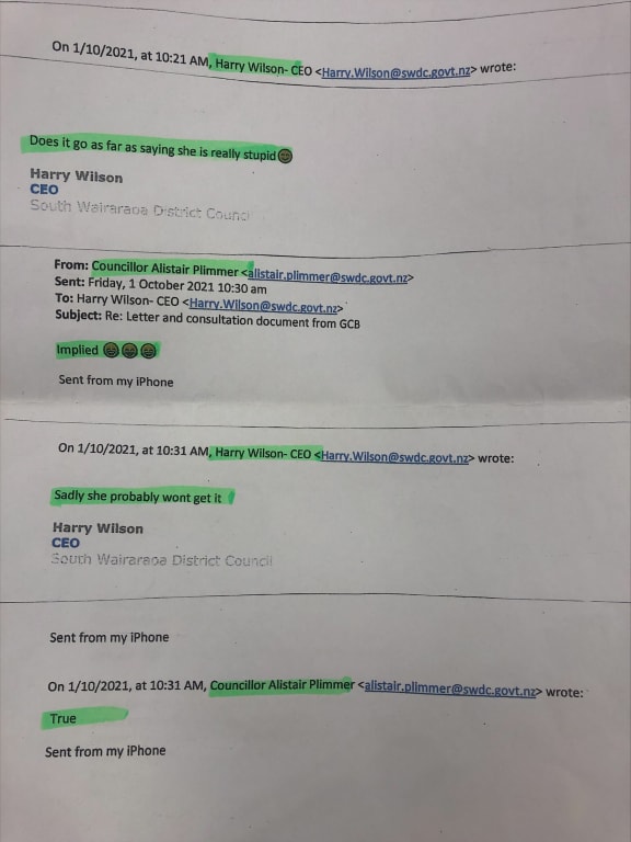 A copy of the email exchange between South Wairarapa District Council chief executive Harry Wilson and councillor Alistair Plimmer about Greytown Community Board chair Ann Rainford.